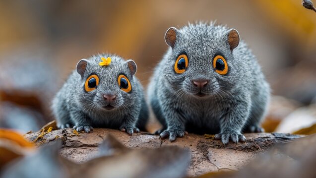 Adorable close-up of two curious squirrels with vibrant eyes on autumn leaves, featuring empty space for personalized text or captions.