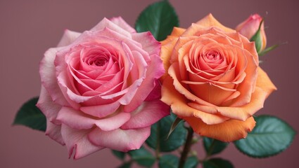 Naklejka premium Pink and Orange Roses in Bloom with Soft Background and Space for Custom Text or Messages