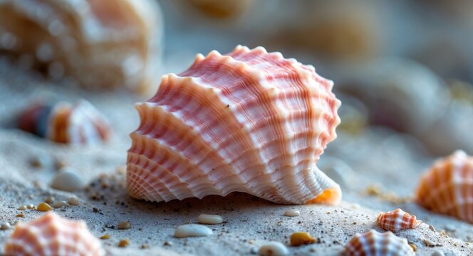 Pink Cardium Seashell on Sandy Beach with Soft Focus and Space for Text for Natural or Coastal Theme Designs