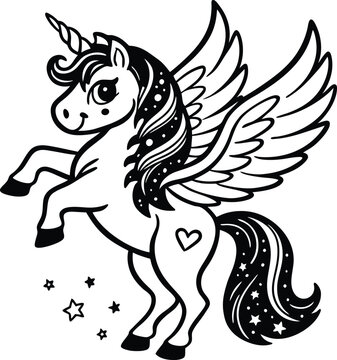 recommend clip art: Cute cartoon unicorn Pegasus vector illustration line art silhouette