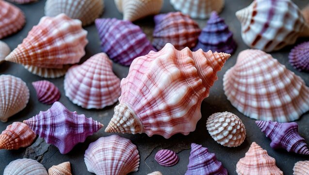 Variety of Pink and Purple Seashells on Dark Background Decorative Coastal Elements