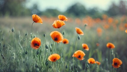 Obraz premium Vibrant Orange Poppies Blooming In Soft Focus Against Green Grass With Empty Space For Text Ideal For Print And Poster Designs