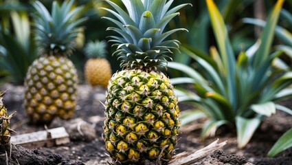 Obraz premium Pineapple Plants Thriving in a Lush Garden Setting Surrounded by Green Foliage and Rich Soil