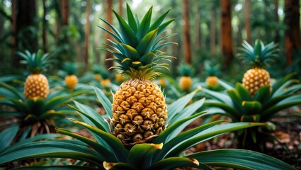 Fototapeta premium Vibrant pineapples growing amidst lush greenery in a tranquil forest setting