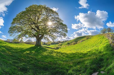A Lone Tree Standing Atop a Green Hill with a Path Leading Up to It, Featuring Sunlight Bursting Through the Branches, Under a Bright Blue Sky with Fluffy White Clouds.


