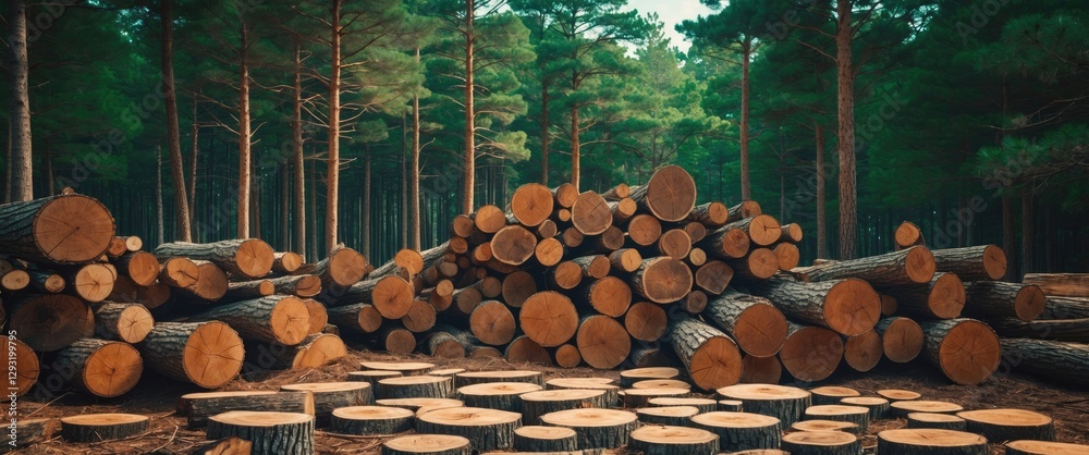 Poster pine timber stacked in a forest creating a natural abstract pattern with wooden circles and greenery