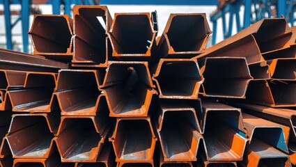 Stacked steel beams showcasing industrial materials and construction essentials in a vibrant warehouse setting.