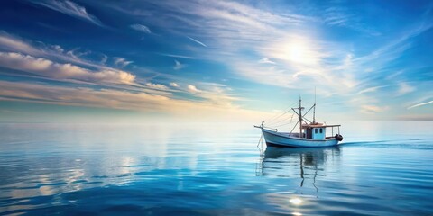 Obraz premium Fishing boat on a serene ocean with sail and waves gently lapping at its hull in soft blue hues