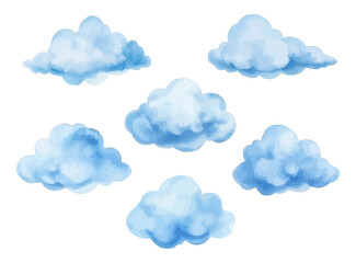 Fototapeta premium Watercolor clouds set in blue shades. Hand-painted fluffy sky elements transparent PNG. Children’s illustrations, fantasy art, dreamy sky, and weather-themed design vector.
