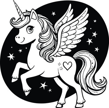 recommend clip art: Cute cartoon unicorn Pegasus vector illustration line art silhouette