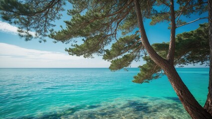 Serene Pine Tree Framing Turquoise Lagoon Landscape With Clear Skies and Tranquil Waters Ideal for Text Overlay or Promotional Use