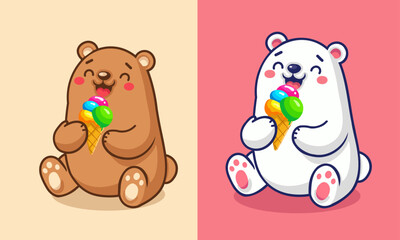 Fototapeta premium An adorable cartoon-style photograph of two happy bears holding an icecream cones sitting side by side with expressions of joy. vector illustration.