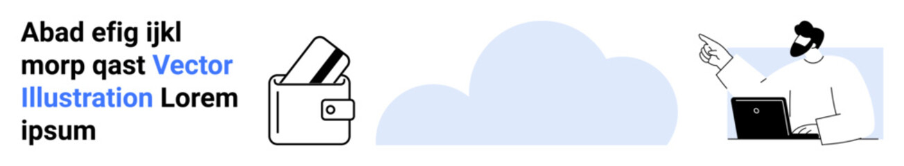 Wallet with a credit card sticking out and a man pointing at a cloud icon while using a laptop. Ideal for finance, online banking, cloud computing, digital payments, financial security, technology