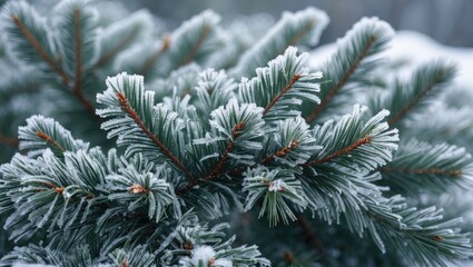 Frost-covered pine branches with needles in snow and hoarfrost creating a serene winter atmosphere in a tranquil park setting.