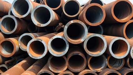 Rusty steel pipes stacked in storage, showcasing weathered textures and industrial materials reflecting age and disuse.