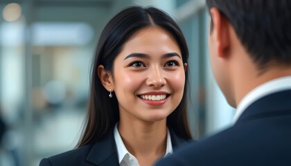 Beautiful mixed race business woman smiling having a conversation with a business man. corporate, teamwork, smiling, success, communication, diverse, diversity, entrepreneur, workplace, talking, flirt
