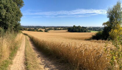 Obraz premium Agriculture action in vast golden wheat fields countryside landscape nature photography tranquil environment wide-angle view