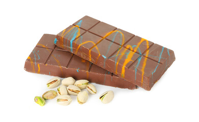 Dubai chocolate bars and pistachios isolated on white