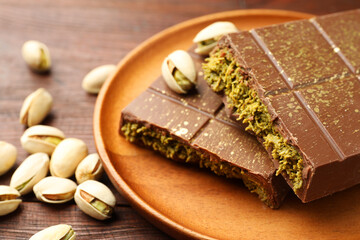 Pieces of tasty Dubai chocolate with pistachios and knafeh on wooden table, closeup