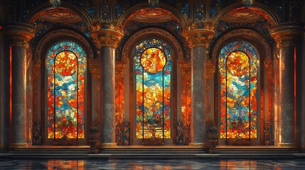 Radiant stained glass windows illuminate grand hall warm autumnal hues. AI Generated