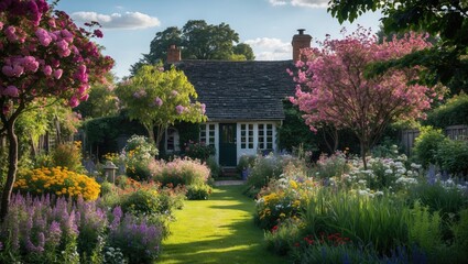 Charming Summer Garden Featuring Vibrant Flowers and a Quaint Cottage Surrounded by Lush Greenery and Blossoming Trees