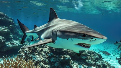 Obraz premium Majestic Shark Swimming Through Vibrant Coral Reef Underwater Environment