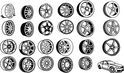 Various car wheel silhouettes in vector design, ideal for automotive, transport, and vehicle