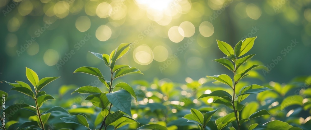 Poster green leaves with sunlight bokeh creating a serene abstract nature background with space for text or