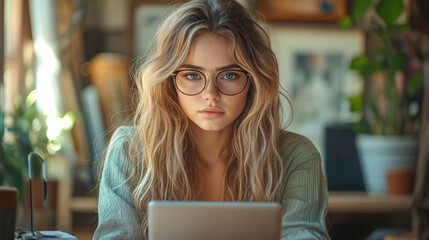 Focused young female student studying on laptop in cozy workspace with natural light