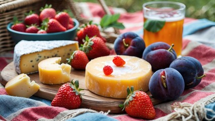 Cheese Platter with Strawberries Plums and Drinks on Picnic Blanket Relaxing Outdoor Snack Scene with Space for Text