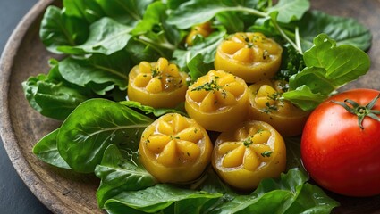 Pickled Yellow Patissons Served with Fresh Salad Leaves and Ripe Tomato on a Rustic Wooden Plate