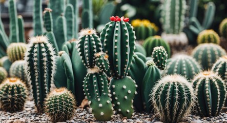 Vibrant Composition of Ornamental Cacti in Various Shapes and Sizes with Text Space for Design and Creative Use