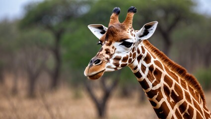 Fototapeta premium Majestic giraffe portrait showcasing serene beauty in its natural habitat surrounded by soft focus trees in the background.
