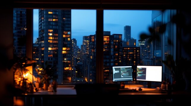 Night Cityscape View from a Cozy Home Office