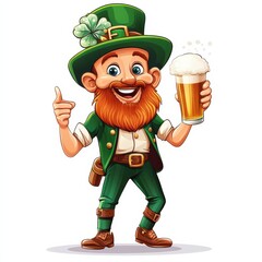 A cute, funny leprechaun with an orange beard and green hat stands against a white background. He joyfully holds a beer and wears stylish sneakers. Festive spirit of Ireland. St Patrick's Day concept