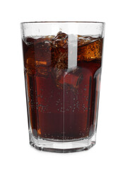 Sweet soda water with ice cubes in glass isolated on white
