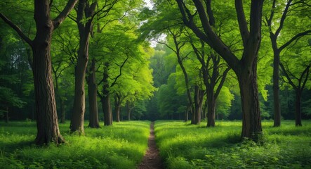 Lush Green Forest Pathway Surrounded By Tall Trees Under Soft Natural Light