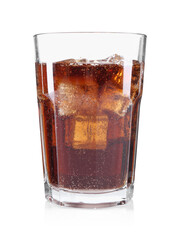 Sweet soda water with ice cubes in glass isolated on white