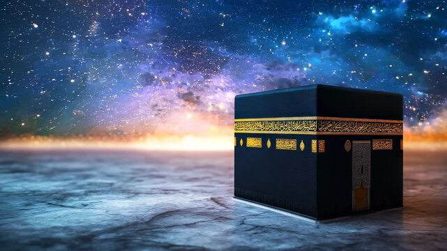 Kaaba Suspended in Endless Sky with Glowing Clouds