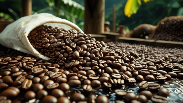 Wet coffee beans drying process at Gayo highland coffee plantation Bener Meriah Regency Aceh Indonesia with rich textures and vibrant scenery.