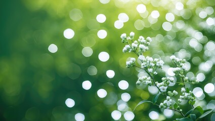 Fototapeta premium Delicate white bokeh effect on a lush green background with soft floral accents creating a serene and tranquil natural ambiance.