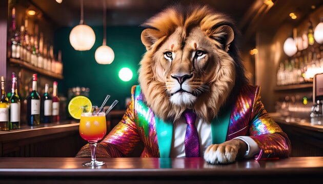 VibrantSuited Lion Sipping Cocktail at a Colorful Bar Counter, Embracing the Alluring Ambiance of an Exotic Tavern, Captivating Viewers Imagination with its Unusual Grandeur and Elegance.