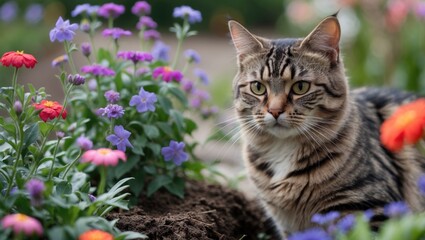 Elegant Striped Cat Surrounded By Vibrant Flowers in a Lush Garden Setting Capturing a Serene and Colorful Atmosphere