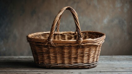 Obraz premium Vintage Wicker Basket on Wooden Table with Natural Background for Rustic and Home Decor Concepts