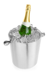 Bottle of champagne in ice bucket isolated on white