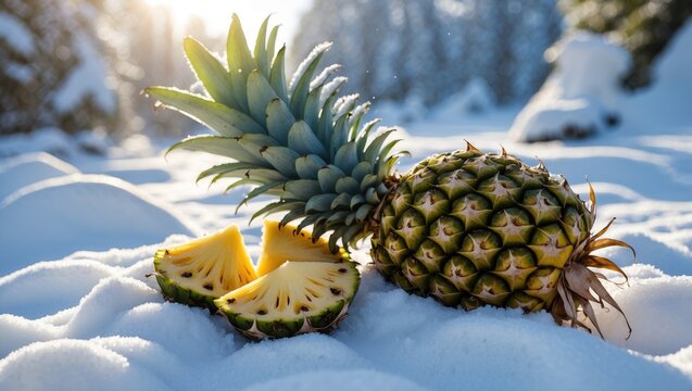 Winter scene with fresh pineapple resting on snow highlighting the contrast of tropical fruit against a chilly landscape in sunlight.