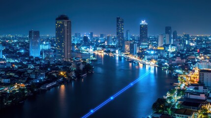 Night city skyline, river reflection, light trail, urban scene, travel background
