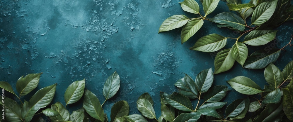 Poster leafy background with turquoise texture and space for text design elements