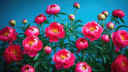 Vibrant Red Peonies Blooming Against a Serene Blue Background in a Lush Garden Setting