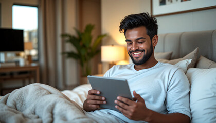 A man relaxing in his modern bedroom, smiling while scrolling through social media on a tablet.